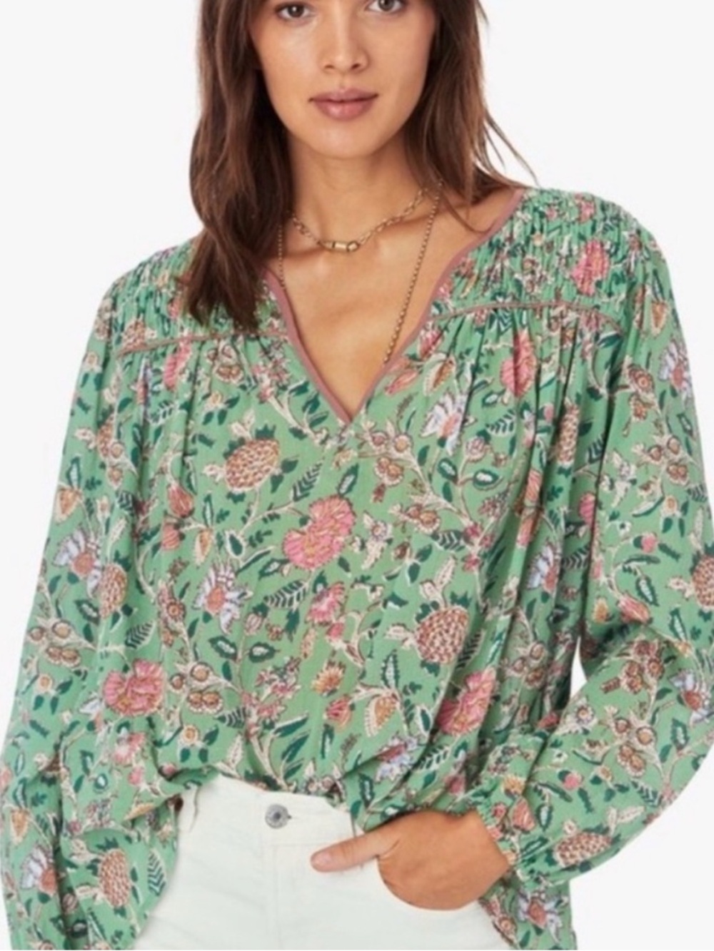 Women's Green Floral V-Neck Blouse - matching pants